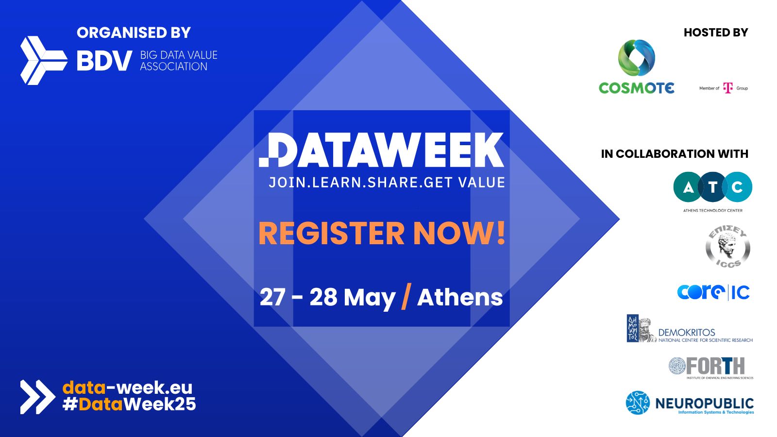 Flyer with logos of organisers advertising the event Data Week 2025 in Athens on 27nd and 28th May 2025.