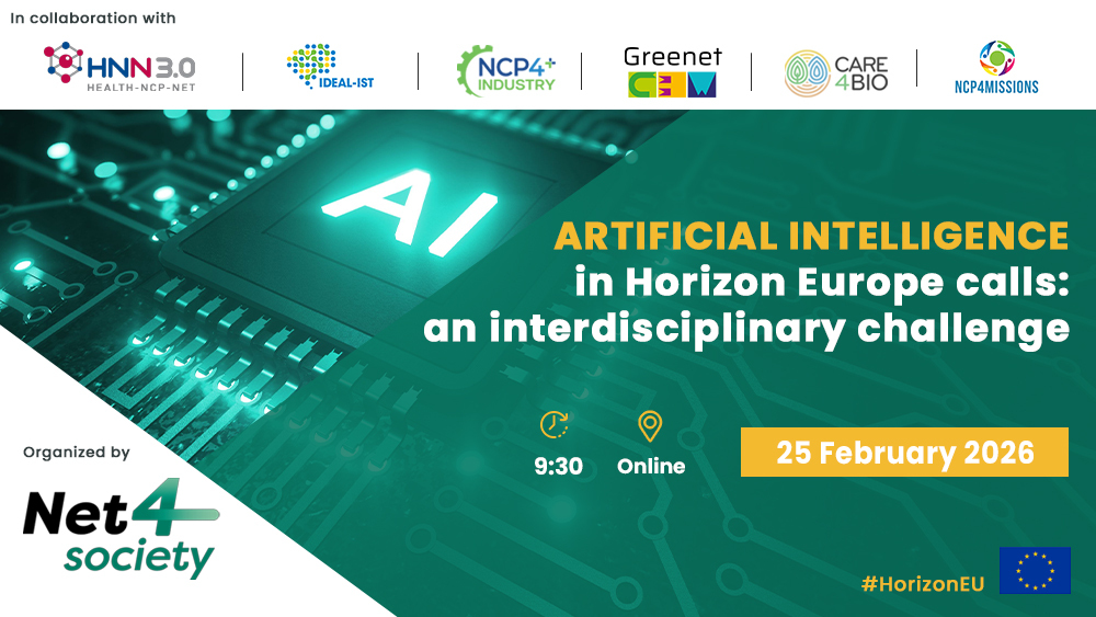 Flyer for Net4Society brokerage event on AI in Horizon Europe