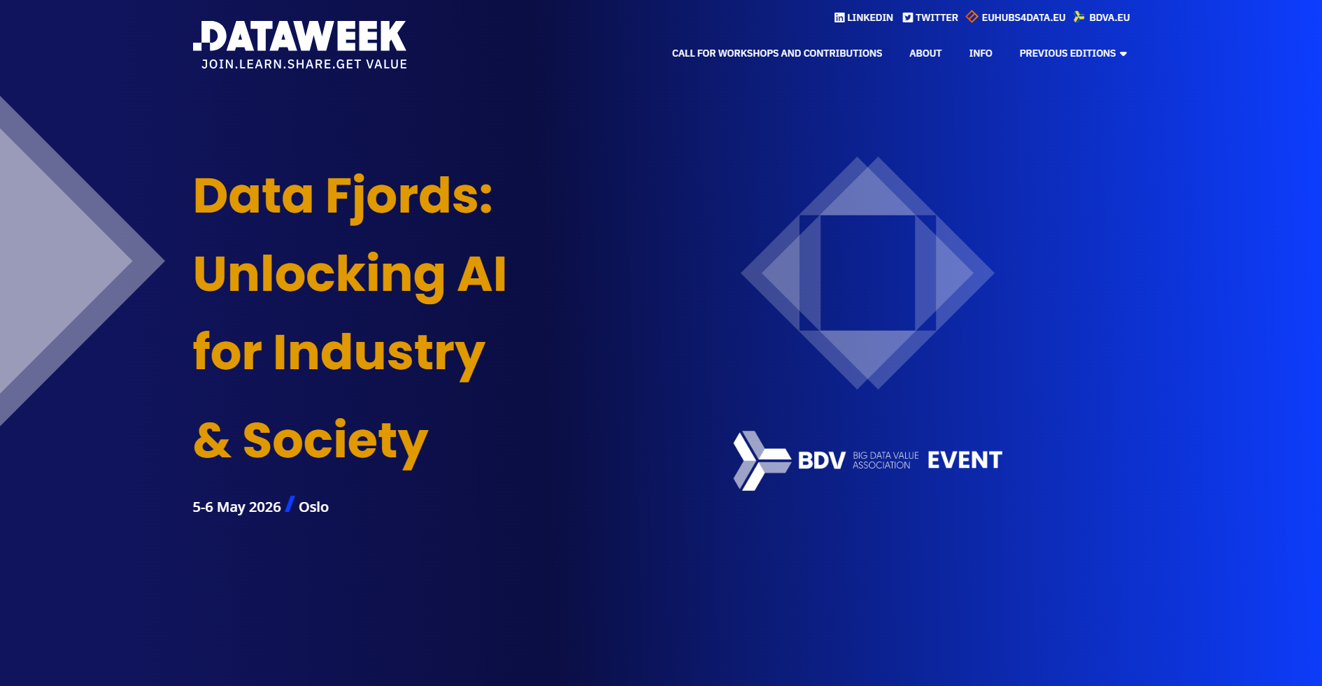 Flyer for data week 2026 taking place on 5 and 6 May in Oslo, with the BDVA logo on the bottom.